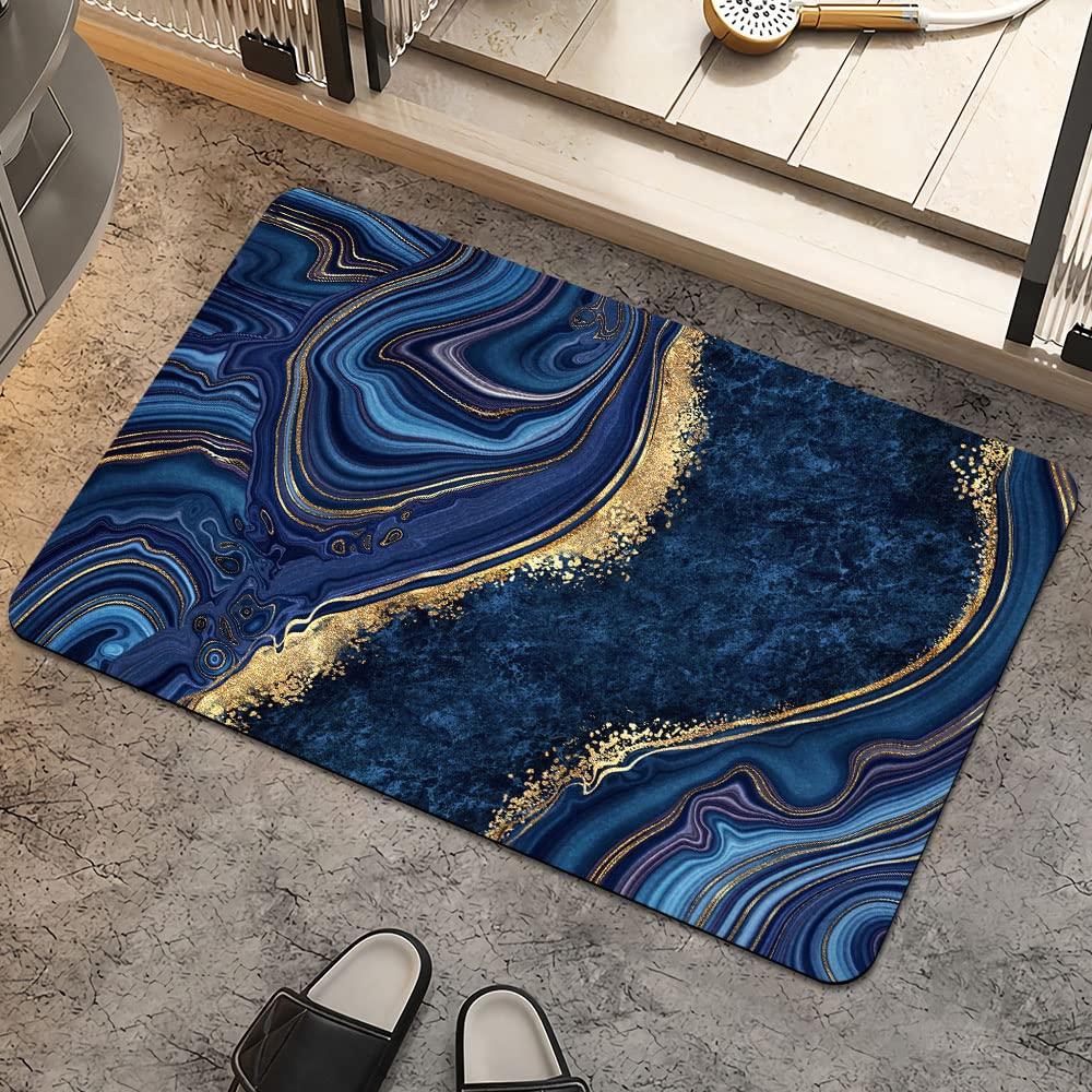 ZHUZHISHAN Bath Mat Rug,Dark Blue Gold Marble Non Slip Quick Dry Super Absorbent Thin Bathroom Rugs Fit Under Door-Easy to Clean Bathroom Floor Mats-Shower Rug for Shower Sink Bathtub(16" x 24"in)