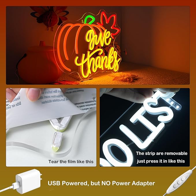 Give Thanks Neon Sign with Light Up Pumpkin LED Neon Light Fall Themed Pumpkins Decor for Bedroom Fall Wall Decor Gift for Teens and Adults
