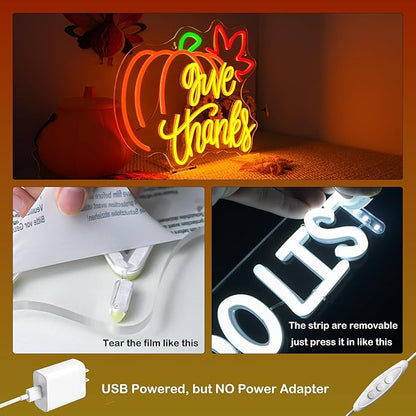 Give Thanks Neon Sign with Light Up Pumpkin LED Neon Light Fall Themed Pumpkins Decor for Bedroom Fall Wall Decor Gift for Teens and Adults