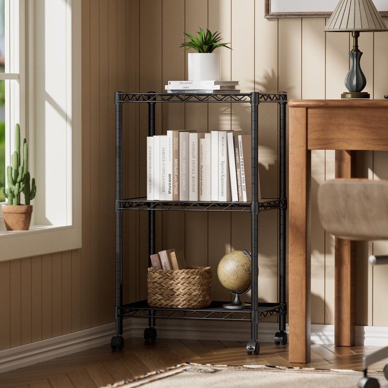 SINGAYE 3 Small Shelves Storage Shelf Wire Shelving Unit Metal Shelf Adjustable Organizers Storage Shelving with Wheels for Bathroom Laundry Room Kitchen Pantry11.6”D x 17.6”W x 30”H Black