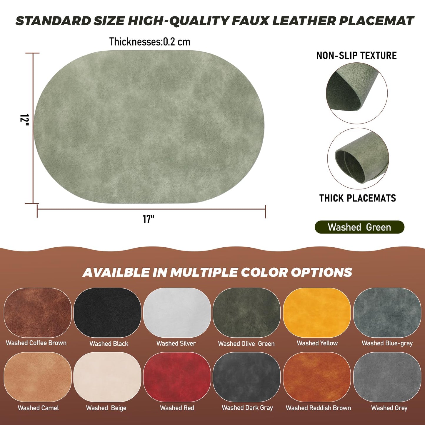 UnivoColors Placemats Oval Faux Leather Placemats,Heat Resistant Placemats Set of 4 Washable 12x17 Inch,Waterproof Table Mats,Wipeable Pu Place Mats for Kitchen,Dining Room.Green