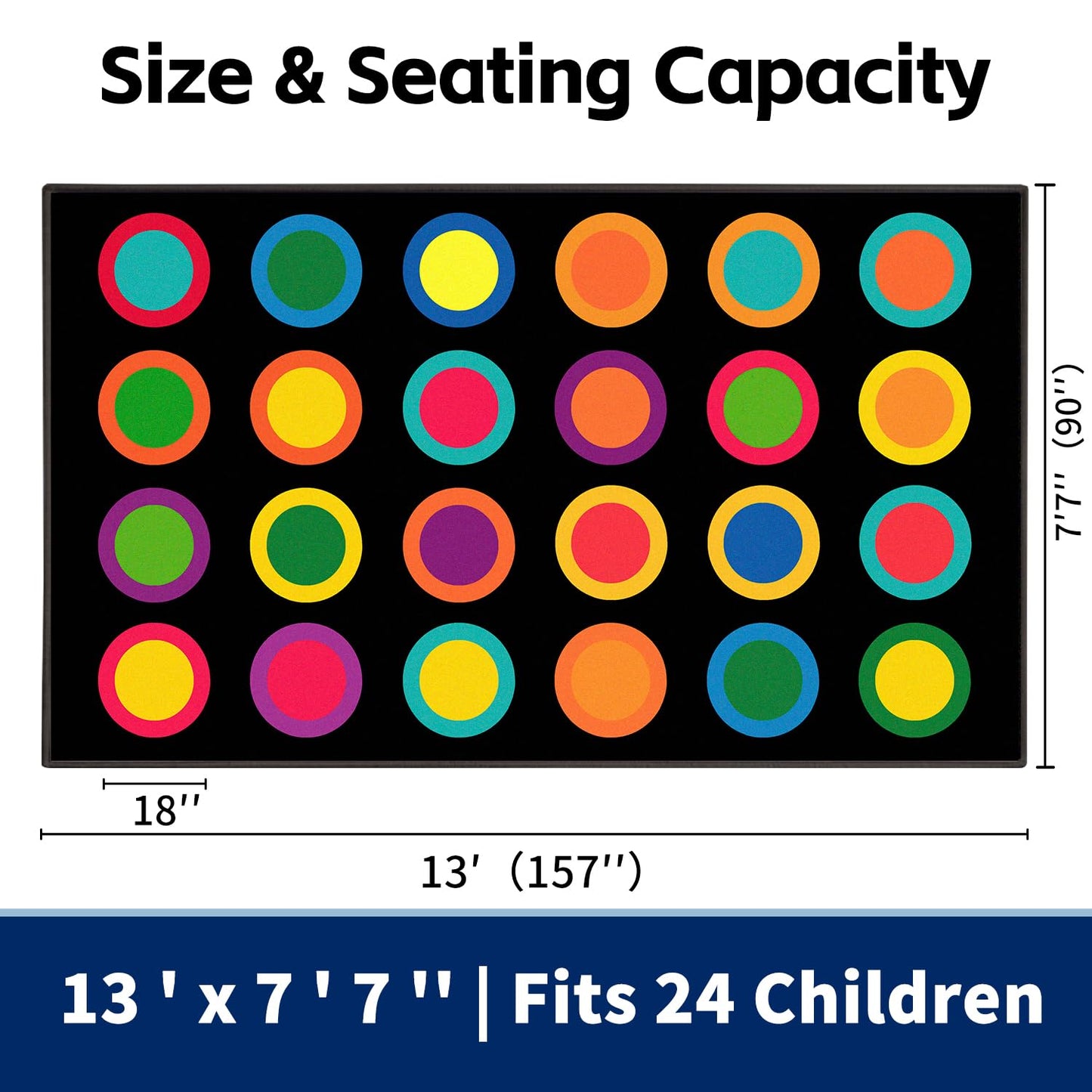 MAISONRINA Large Classroom Rugs Elementary 7'7''x13',Daycare Rug with Colorful Rings,Black Classroom Rug for Preschool & Kindergarten, Seating Spots Rugs for Kids Room & Playroom - Seats 24