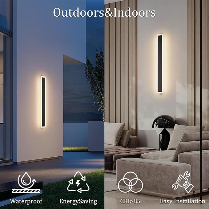 2 Pack 31.5in Outdoor Wall Lights,Black Long Exterior Wall Mount Lighting Linear Outdoor Light for Garage House Porch