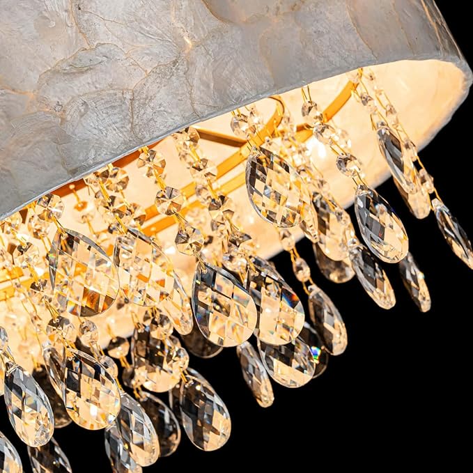 4-Lights Drum Capiz Shell Crystal Chandeliers, Coastal Style Pendant Light Fixture for Dining Room, Living Room, D18 x 21~68"(Adjustable), Shell Lampshade & Gold Finish