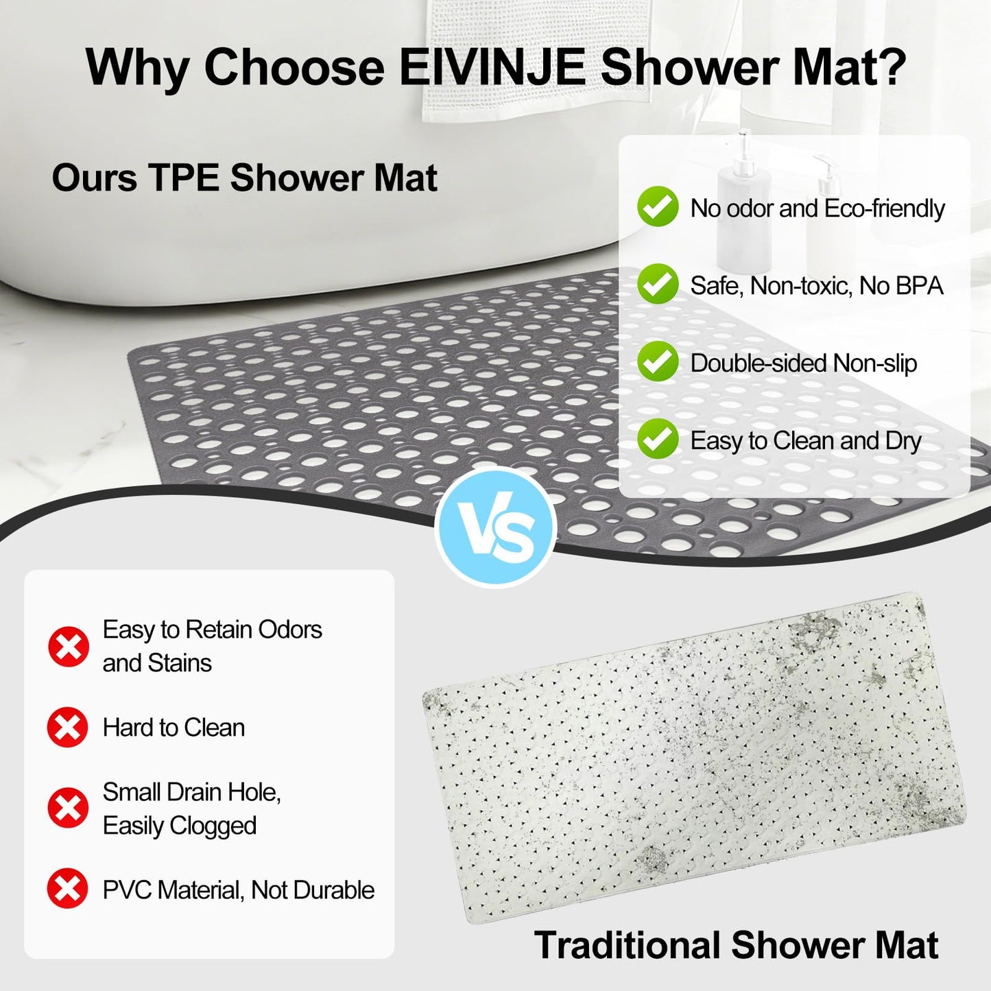 EIVINJE Anti Slip Shower Mat with Suction Cups,27x27 Inch Quick Drain TPE Non Slip Shower Mats for Inside Shower,Large Bath Mat for Shower Soft on Feet, Easy to Dry&Cut Machine Washable