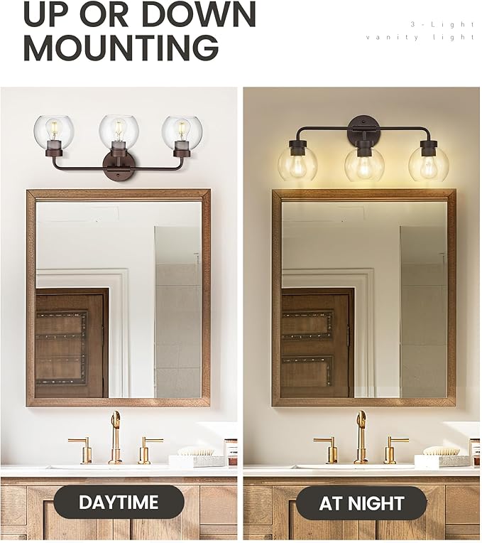 zeyu 23" Oil Rubbed Bronze Vanity Light Fixture, 3-Light Farmhouse Bathroom Wall Lights with Clear Glass Globe Shade, ZS62BG-3W ORB