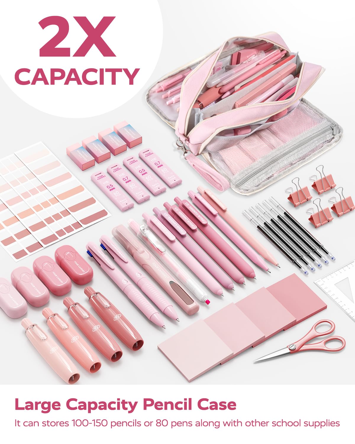 Four Candies Pink School Supplies with Case, Gel Pens with Black Ink, Correction Tapes, Pastel Highlighters, Mechanical Pencils, Sticky Notes, Index Post for Bible Study Stationary College Essentials