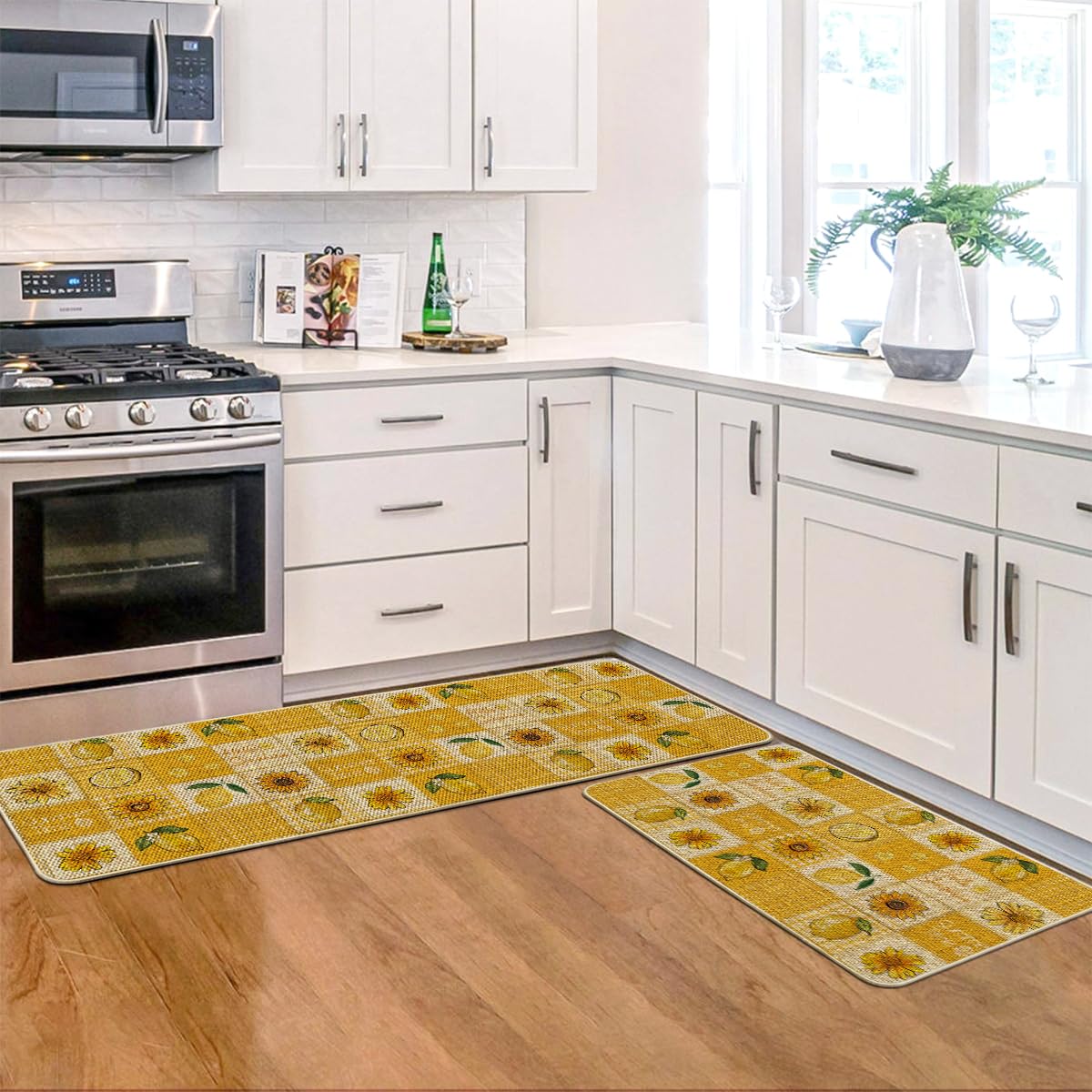 Artoid Mode Plaid Lemon Sunflower Summer Kitchen Mats Set of 2, Seasonal Low-Profile Home Decor Kitchen Rugs for Floor - 17x29 and 17x47 Inch