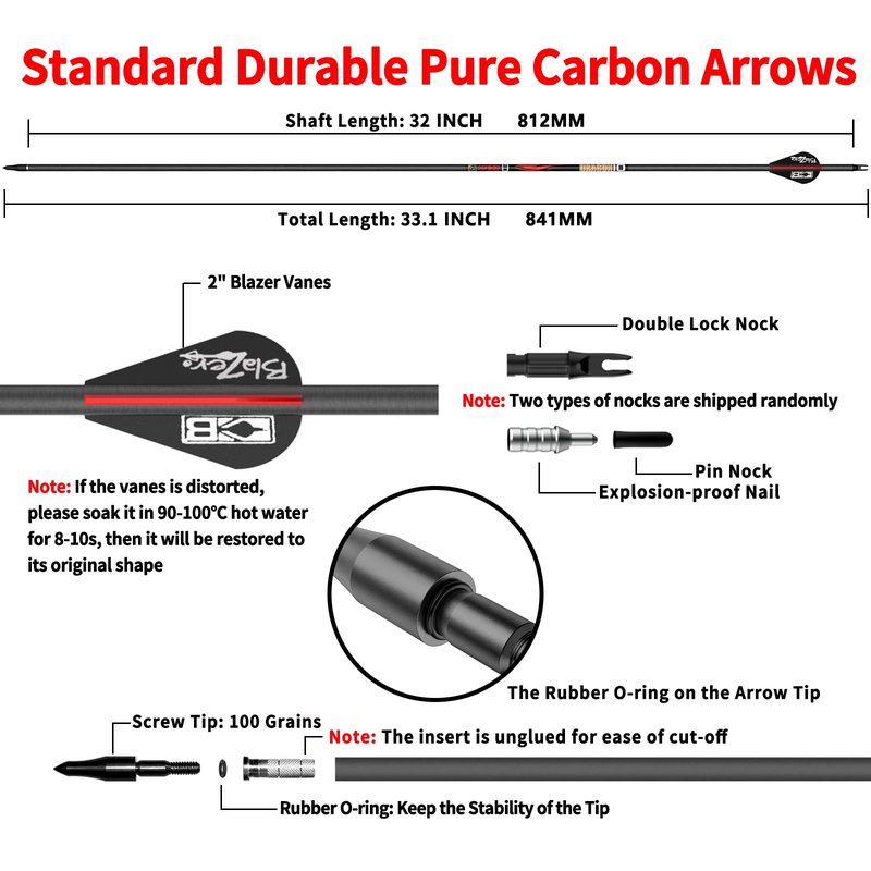 sanlida Dragon 8 100% Pure Carbon Hunting Arrows, 32" Ready-to-Shoot Arrows with Inserts, ±0.006" Straightness, 10-Spine Options, for Compound & Recurve Bows, 12 Pack (410 Spine)