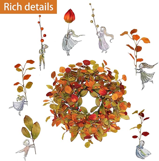 22“ Thanksgiving Fall Wreaths for Front Door Outside - Orange Green Eucalyptus & Berries Front Porch Door Wreath Decor, Harvest Autumn Decor.