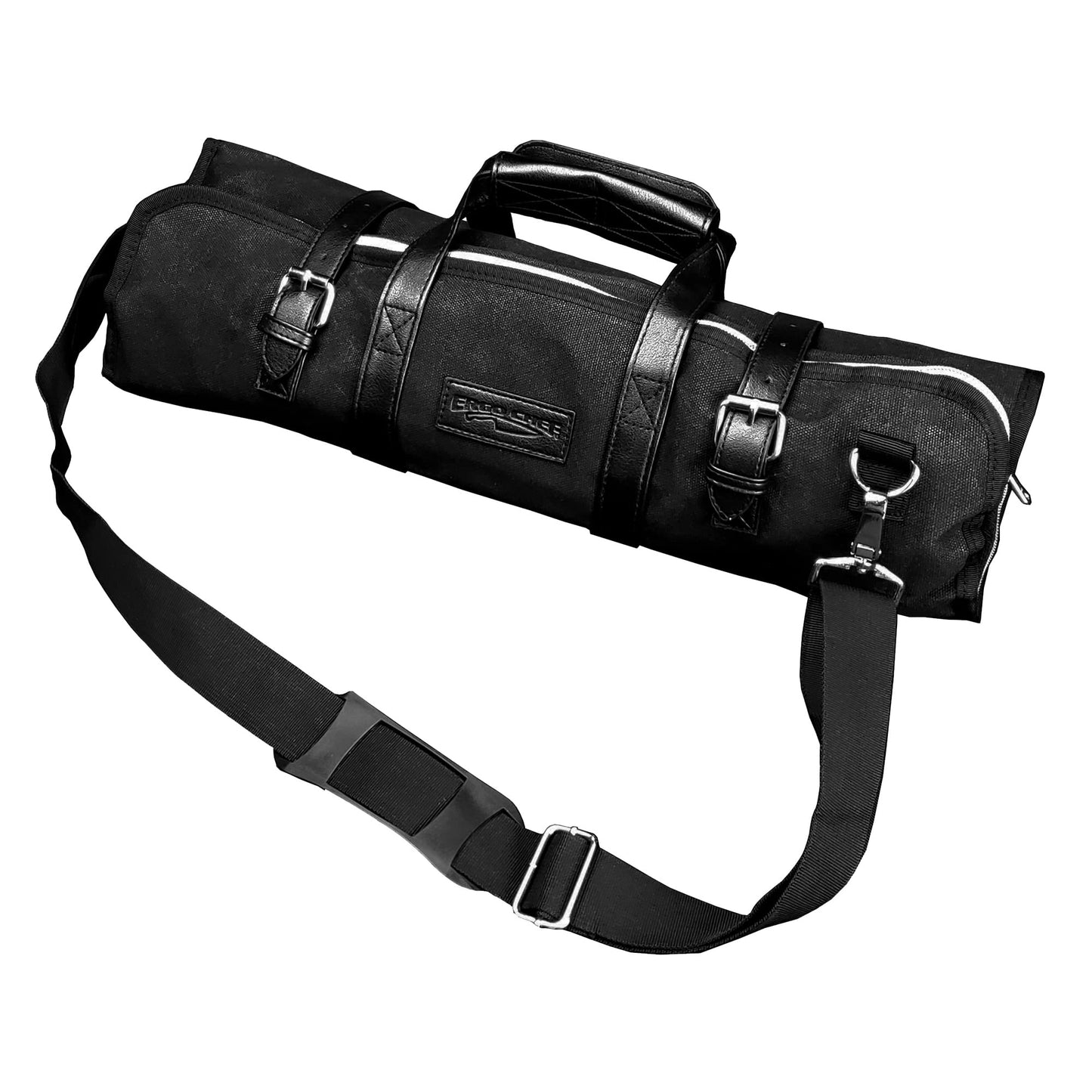 Ergo Chef Heavy Duty Waxed Canvas 10 Pocket Chef Knife Roll Bag Knife Case with Mesh Tool Pocket (Black) Durable Knife Case with Handle, Removable Shoulder Strap & Large Zippered Mesh Pocket