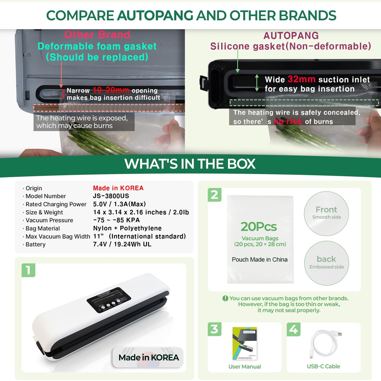 AUTOPANG Automatic Vacuum Sealer Machine, Cordless Food Preserver with 85Kpa Suction & Pulse Mode, Durable Silicone Chamber, Includes 20 Exclusive Sealer Bags