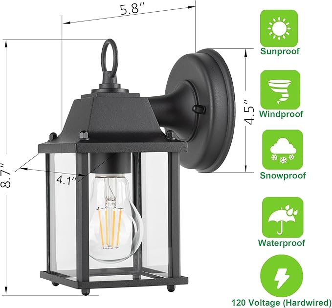 LIT-PaTH Outdoor Wall Lantern, Wall Sconce as Porch Lighting Fixture, E26 Base, Aluminum Housing Plus Glass, Water-Proof and Outdoor Rated, ETL Qualified, 2-Pack, Black