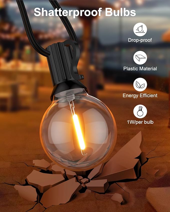 GLUROO 120FT Outdoor String Lights, G40 LED Patio Lights with 64pcs Bulbs, Waterproof Shatterproof Dimmable Globe Hanging Outdoor Cafe Bistro Porch Outside Light, 2Packs * 60ft