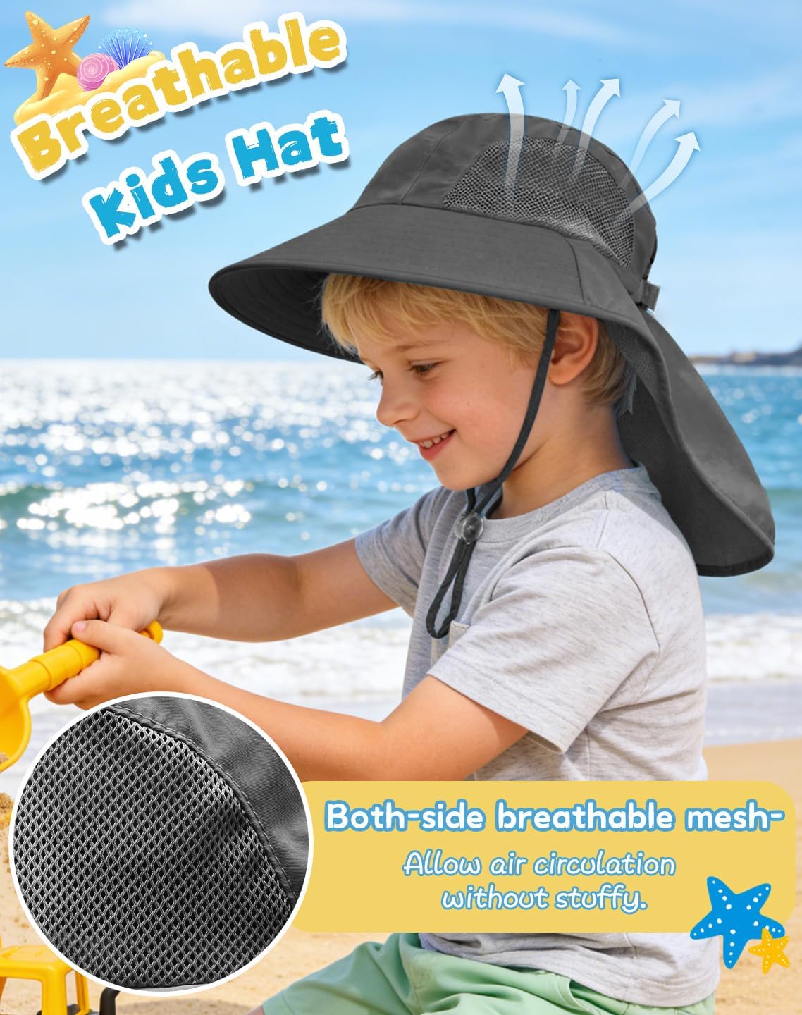 Rosoz Kids Sun Hat with Neck Flap UV Protection Summer Toddler Beach Hat Unisex Ponytail Hat Wide Brim Fishing Hat-Dark Grey