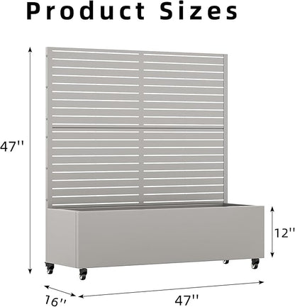 Casaphoria Metal Raised Garden Bed with Trellis and Wheels, 47"x47"x16" Planter Box for Climbing Plants, Vegetables & Vines, Features Drainage Holes and Privacy Screen (Grey-Louvered)