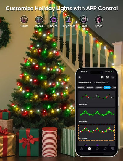 Ollny Smart Christmas Lights, 197FT 600 LED APP Control RGB Color Changing Christmas Tree Lights with Remote, Programmable DIY Musical Waterproof Decor Light with Timer for House Indoor Outdoor House