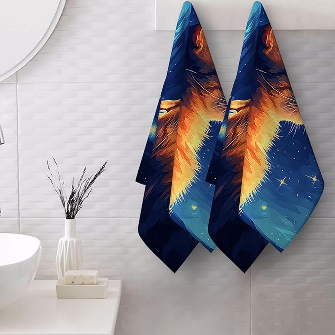 Cute Orange Cat Hand Towels Decorative Set of 2 Soft Absorbent Abstract Blue Starry Sky Bath Towels for Bathroom Farmhouse Spa Gym Yoga Home Decor, Gifts for Cat Lover 14"x28"