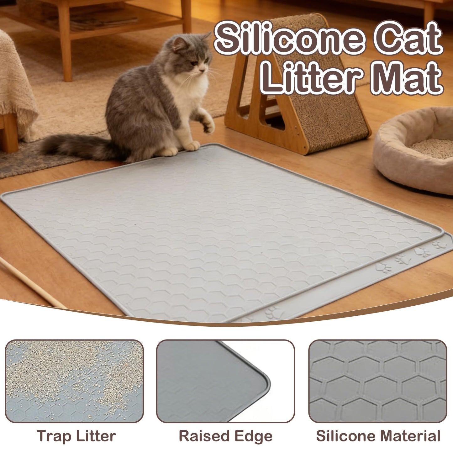 Tisoloow Silicone Large Cat Mat for Litter Box Waterproof 34" X 22" Trapping Mat for Kitty Litter Box Easy to Clean Scatter Control Non-Slip Durable Pad for Floor Black
