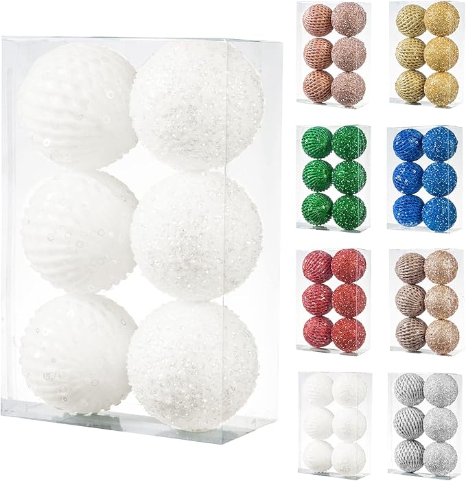 6pcs 3.94" Christmas Ball Ornaments Glitter Shatterproof Christmas Tree Ornaments Sequin Xmas Hanging Balls Decorations for Wedding Party Holiday (White, 6pc-10cm)