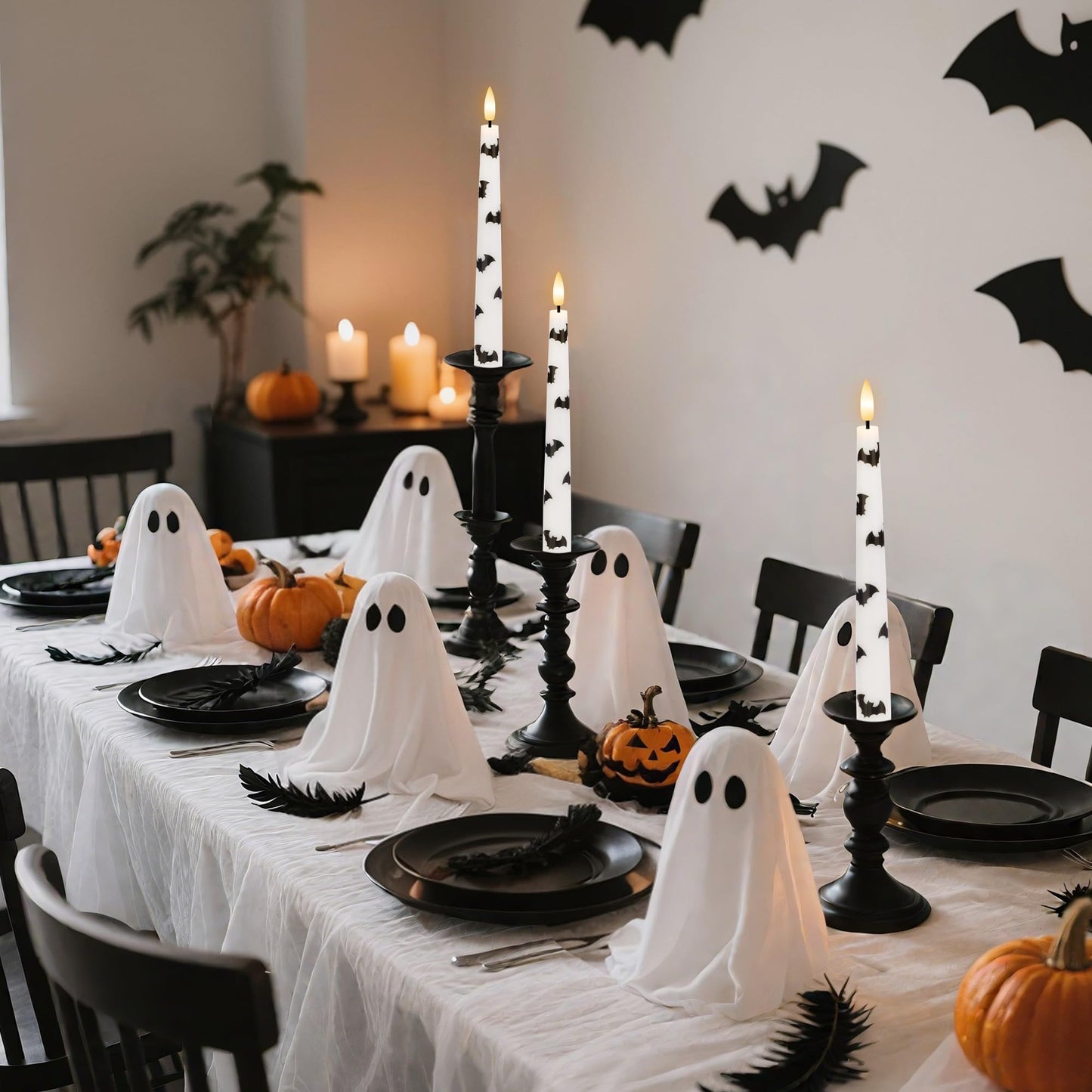 AFINETH Halloween Taper Candles with Bats, 9.6”Real Wax Flameless Taper Candles with Remote & Timer, 3 Pack Battery Operated Halloween Led Candlesticks for Party Home Decor