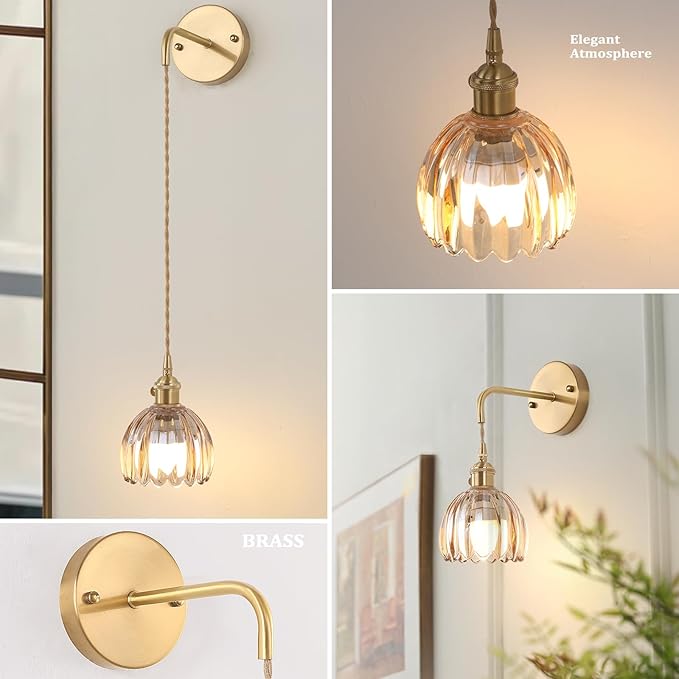 Battery Operated Wall Sconce with Amber Tulip Shade Pattern Glass Adjustable Chain Retro Gold Wall Mounted Light, Modern Wall Lamp Fixtures Decor for Bedside Bedroom Indoor Doorway