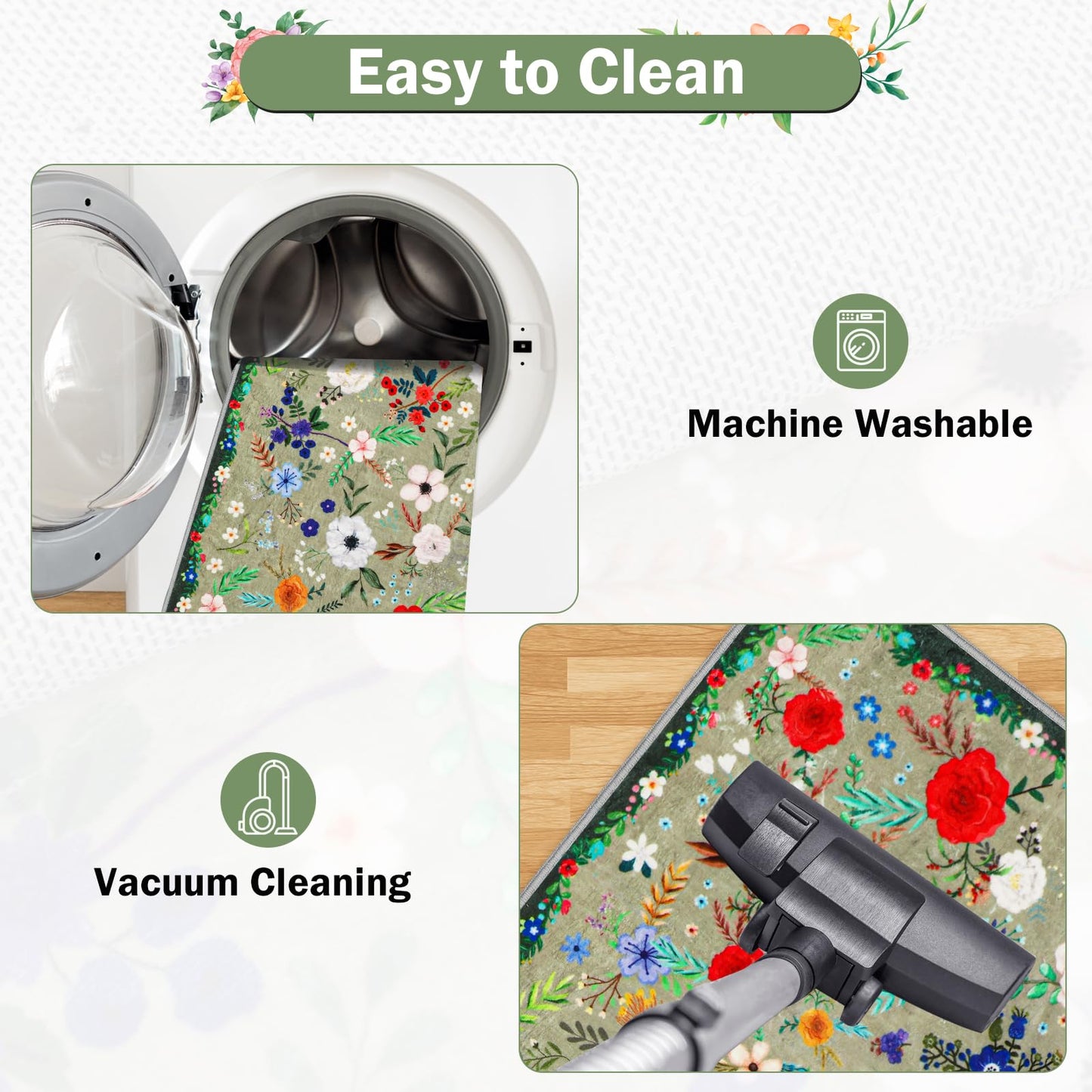 PCSWEET HOME Floral Kitchen Rugs Sets of 3 Non Slip Kitchen Rugs and Mats Washable Farmhouse Kitchen Rugs Spring Floral Kitchen Floor Mat Carpet Runner Rugs for Hallway Laundry Room, Green