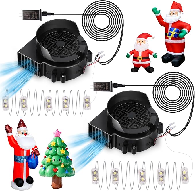 2-Pack Inflatable Fan Replacement, 1.5A Air Fan Blower with 2.0A Adapter and 5 LEDs Bulbs Light Strings for Halloween, Thanksgiving and Christmas Inflatables (IP68 Waterproof, 5.0 * 5.0'')
