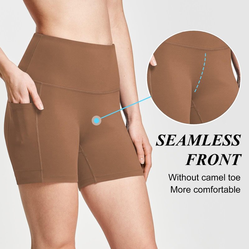 baleaf Biker Shorts Women Yoga Gym Workout Spandex Running Volleyball Tummy Control Compression with Pockets Soft 5" Brown M