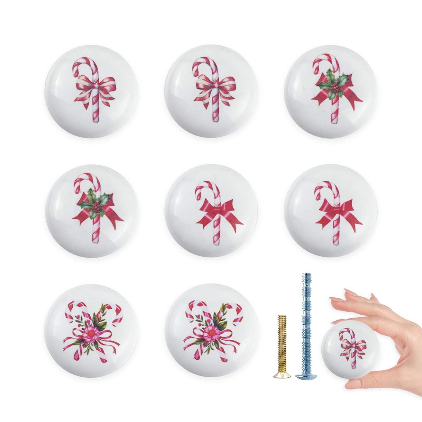 Lasyman 8Pack 1.5" Ceramic Christmas Holiday Peppermint Candies Cabinet Door Candy Cane Knob Covers Decorative Drawer Knobs
