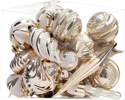 Christmas Ball Ornaments Set Shatterproof Christmas Tree Ornaments 24 PCS Painted Shaped Styles Xmas Tree for Holiday Decor,Champagne