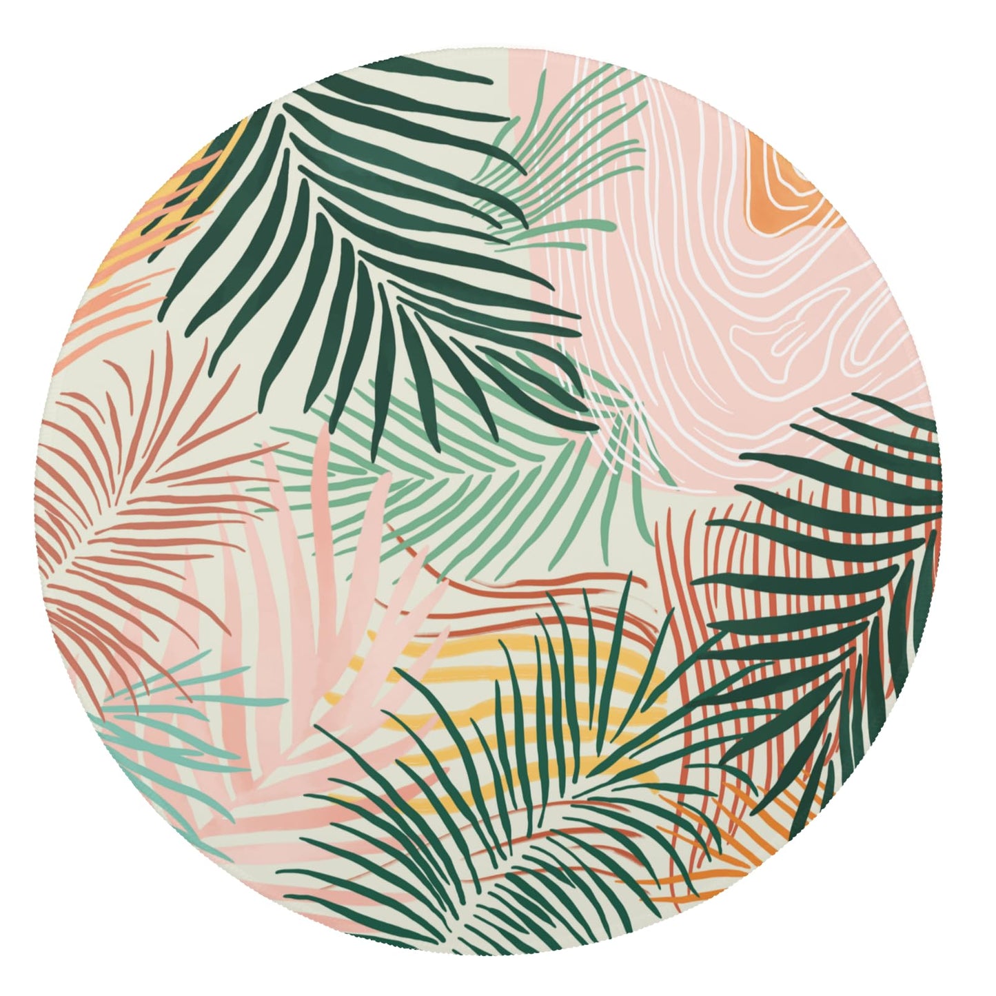 Wualmondor Modern Art Leaves Round Rugs 4ft Abstract Palm Leaf Circle Area Rug Low Pile Washable Carpet Non Slip Rubber Backing Rug Doormat for Living Room Bedroom Entryway Pink Green