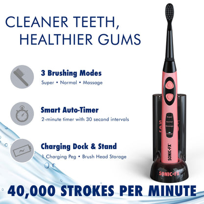 Sonic-FX Solo Electric Toothbrush - 3 Brushing Modes - with Intelligent Auto-Timer, Includes 2 Tooth Brush Heads, and 1 Interdental Head, Rechargeable, Electronic Charging/Storage Base (Black)