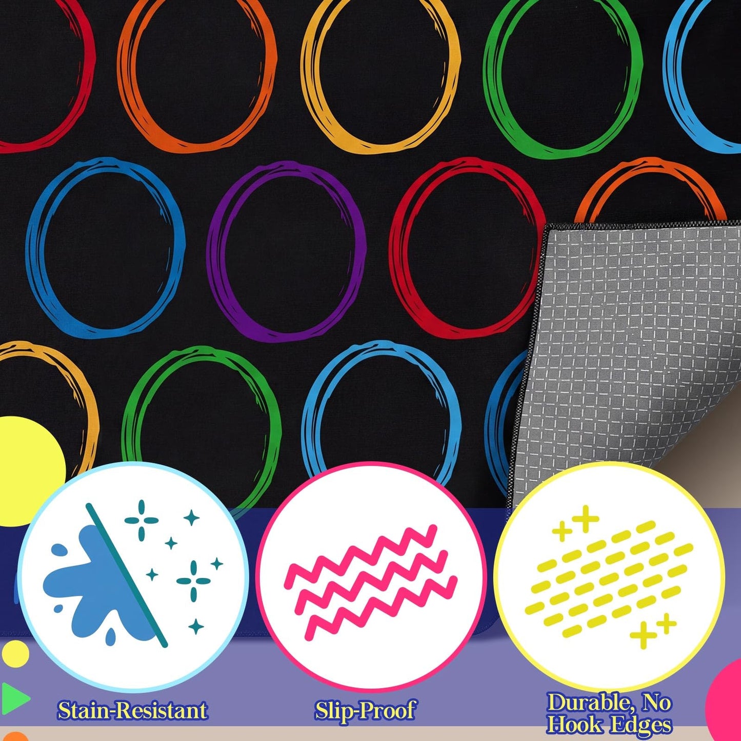 Teenyyou 6.6 x 11.2 ft Classroom Rug with Colorful Circle Elementary Educational Large Area Rug Kids Room Children Classroom Carpet Playroom Learning Preschool School Decor Seating Carpet 14 Seats
