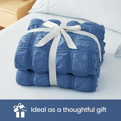 Cozy Bliss Cooling Comforter Seersucker Plaid Full, Q-Max 0.4 Reversible Lightweight Cooling Blanket, Breathable Silk Smooth Summer Bedding Quilt for Hot Sleepers Night Sweats Denim Blue