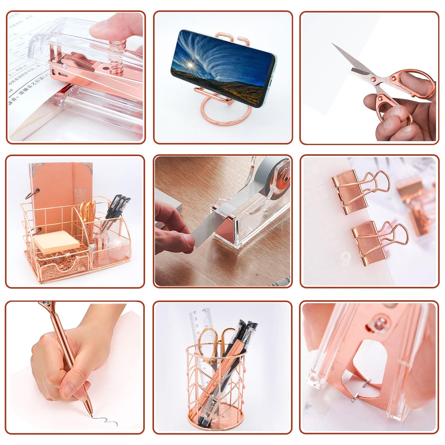 YOLOZAI Office Desk Organizers, Rose Gold 13PCS Office Supplies and Accessories Desk organizer, Acrylic Stapler, Staple Remover, Clips, Scissor, Phone Holder, Pen, Pen Holder (Rose Gold)