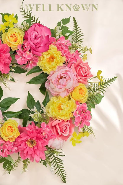 Wreaths for Front Door, WELL KNOWN Spring Summer Seasonal Hot Pink & Yellow Flowers Wreath for Front Door, Artificial Silk Peony Flower Wreath for Wall Hanging, Home Office Wedding Party Decor
