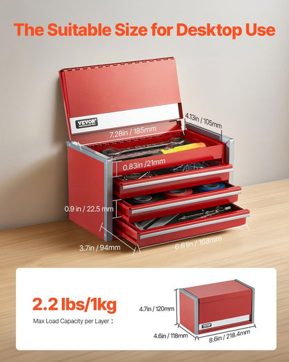 VEVOR Metal Tool Box, 8.6-inch, Portable Metal Tool Box with 3 Drawers, Small Tool Chest with EVA Liners and PP Feet Pads, Heavy-Duty Steel With Ball Bearing Opening and Powder Coated Finish, Red