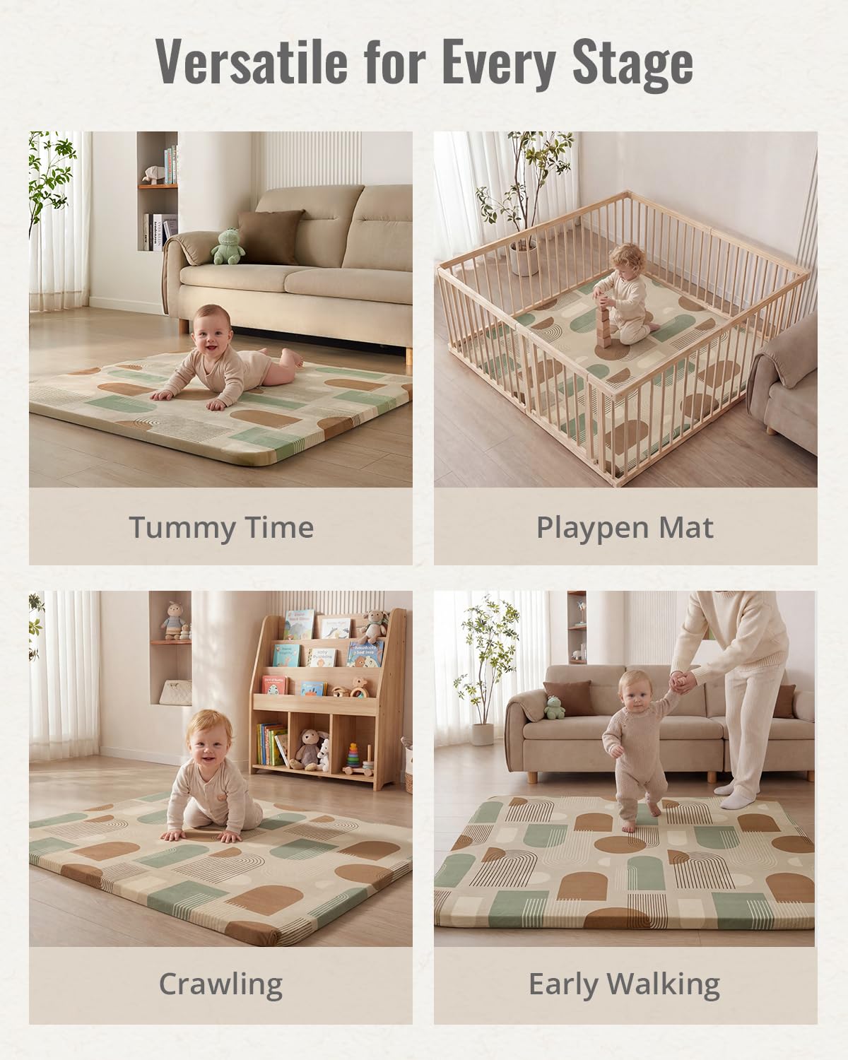 Blissful Diary 1.3" Thick Baby Play Mat, 50x50 Playpen Mat with Removable & Washable Cover, Ultra Soft Crawling Rug for Floor, Foam Cushion & Non-Slip Backing for Kids, Toddlers, Earth Tone Rainbow