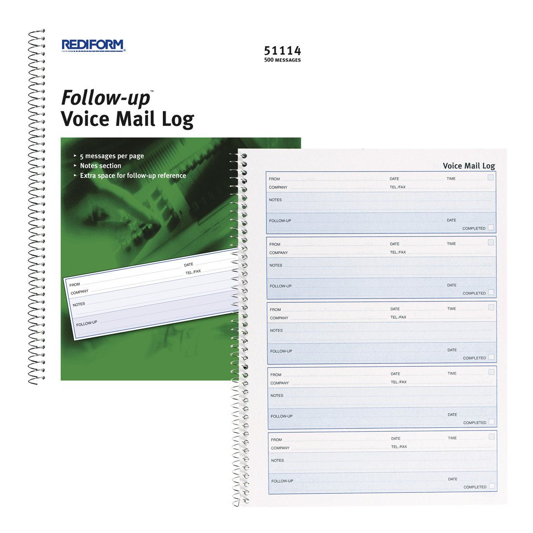 Rediform Follow-Up Voice Mail Log, Flexible Cover, Spiral Binding, 10.625" x 8", 500 Messages (51114)