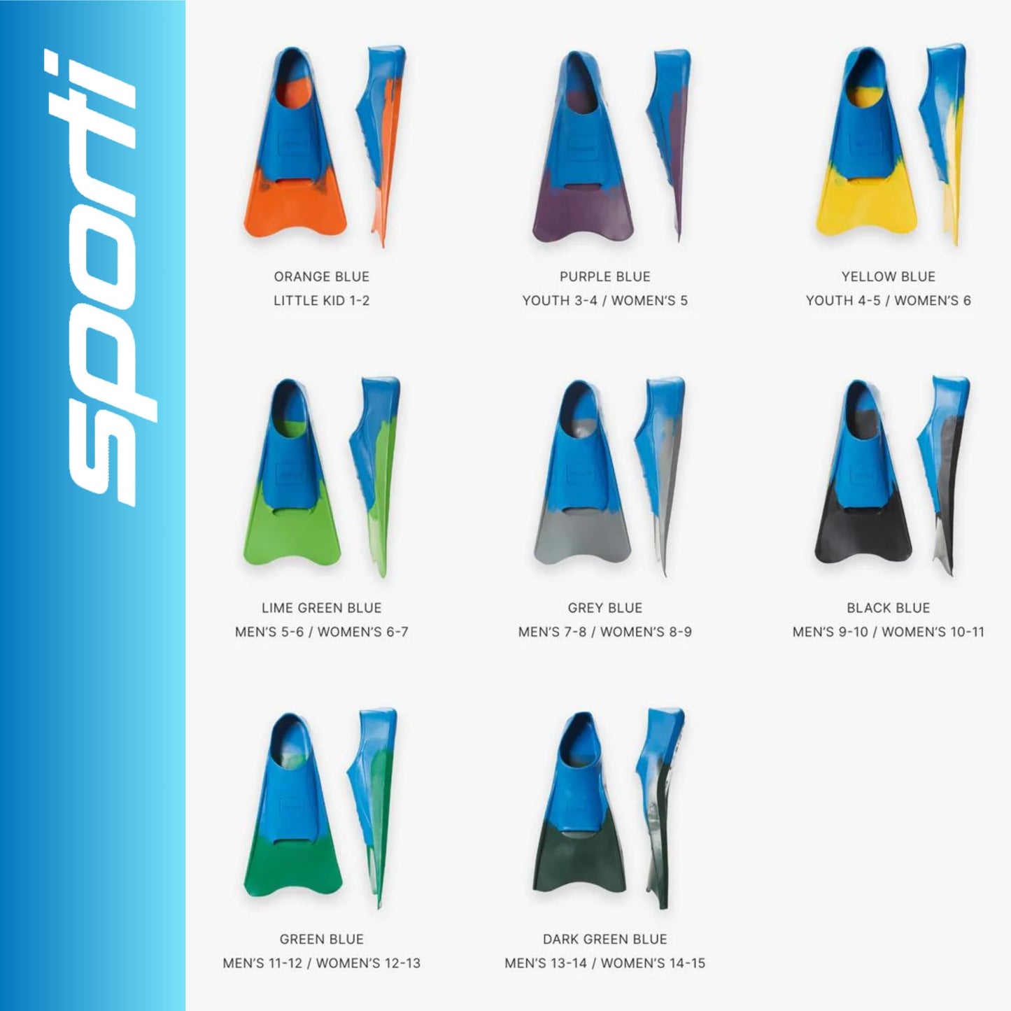 Sporti Adult-Kids Short Swim Fins, Floating Fin for Swimming & Snorkeling, Swim Flippers for Training - Lime GreenBlue - M 5-6 / W 6-7