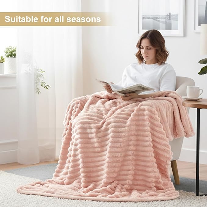 decorUhome Soft Fleece Pink Blanket King Size for Bed, Cozy Fluffy Plush Flannel Large Striped Throws for Couch Sofa, Lightweight Decorative Fuzzy Blanket for Woman, 108x90 Inches
