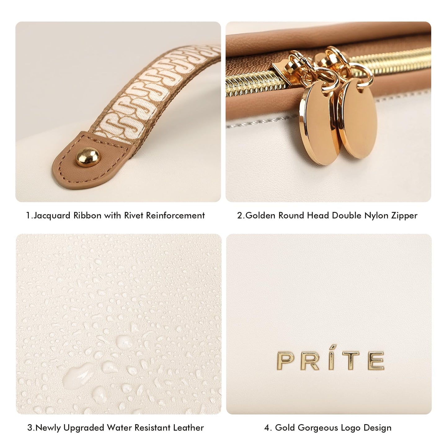 Prite Makeup Bag for Women Travel Waterproof Vegan Leather Cosmetic Bag Open Flat Toiletry Bag With Clear Divider and Handle (Beige, Medium)