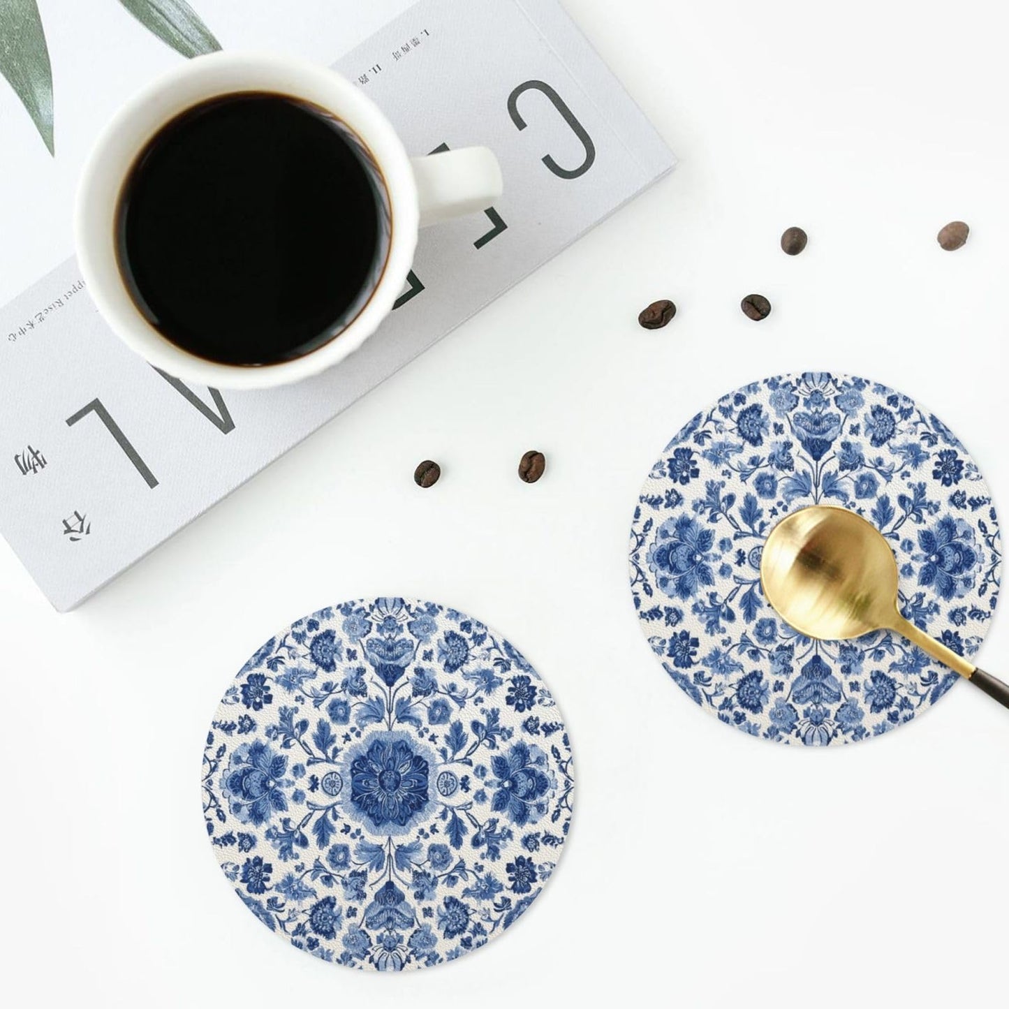 White Blue Pattern Coasters for Drinks Absorbent Leather Coasters Set of 6 for Coffee Table Cup Bar Desk Round Coaster Mats Holiday New Home Decors