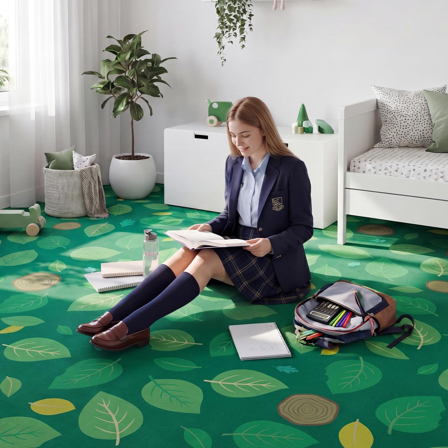 BreezeHug Green Leaf Rug 8 x 6 ft Large Classroom Carpet Green Leaves Carpet Boho Educational Area Rug for Room Nursery Seating Decor for Teaching and Playroom