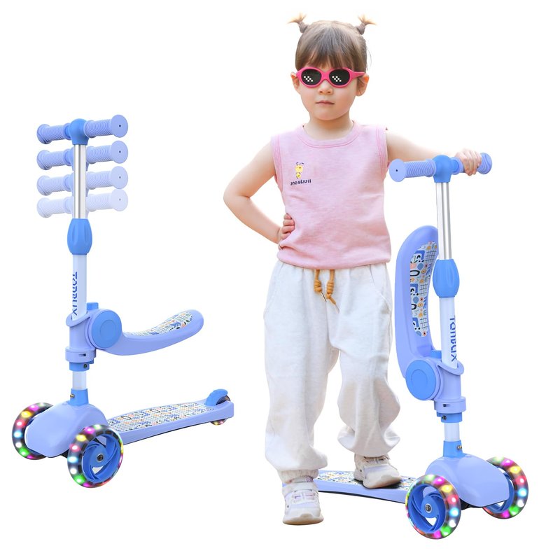 TONBUX Kids Scooter with Seat, 3 Wheels Scooter with PU Luminous Wheels, Non-Slip Handle and Wide Deck, Sensitive Brakes, 4-Level Adjustable Height, Scooters for Kids 2–8 Years Blue