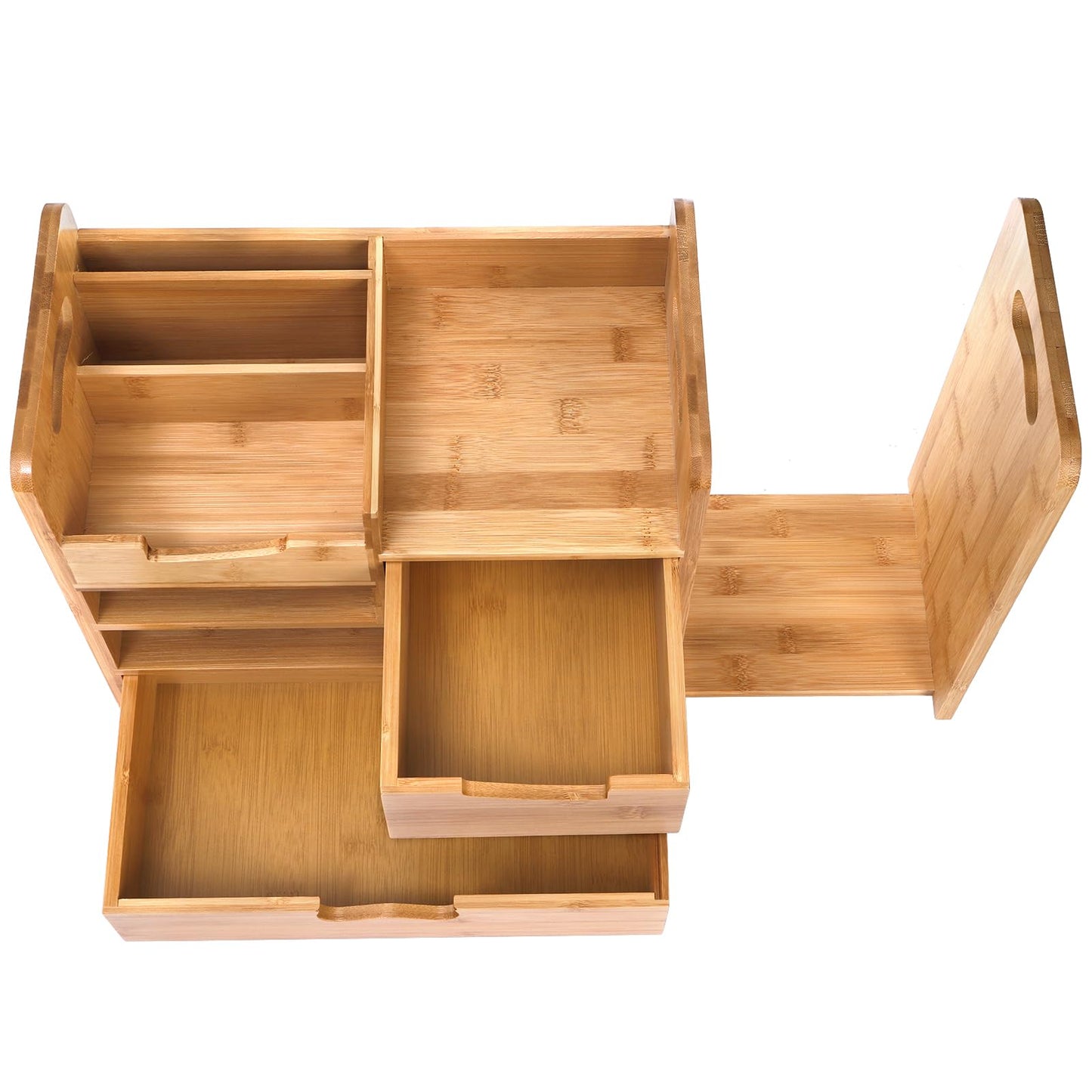 ZOOFOX Bamboo Desk Organizer with Adjustable File Holder, Mail Organizer Countertop with Drawer, 4-Tier Desktop Organization and Desk Accessories for Home Office School Supplies, No Assembly Required