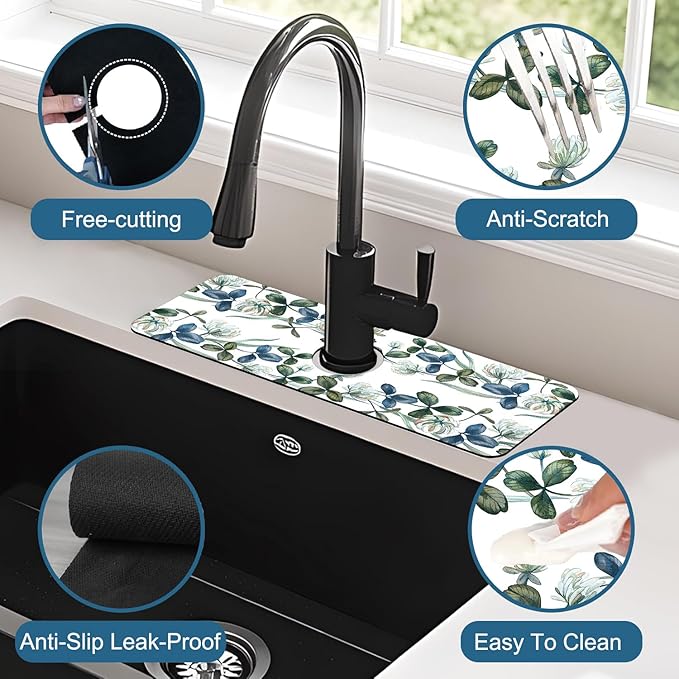 Watercolor Garland Flower Sink Splash Guard Faucet Mat Clover Leaves Super