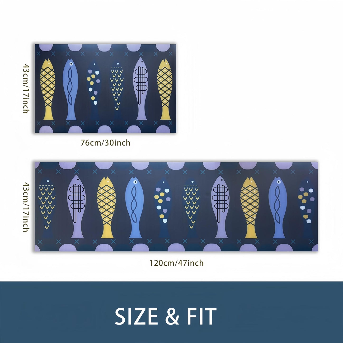 CHKYUZEN PVC Foam Anti Fatigue Printed Kitchen Mat and Rug, Foot Comfort, Anti Slip, Stain Release, Set of 2pcs (17"x30" & 17" x47), (2pc Set, Fish Design)