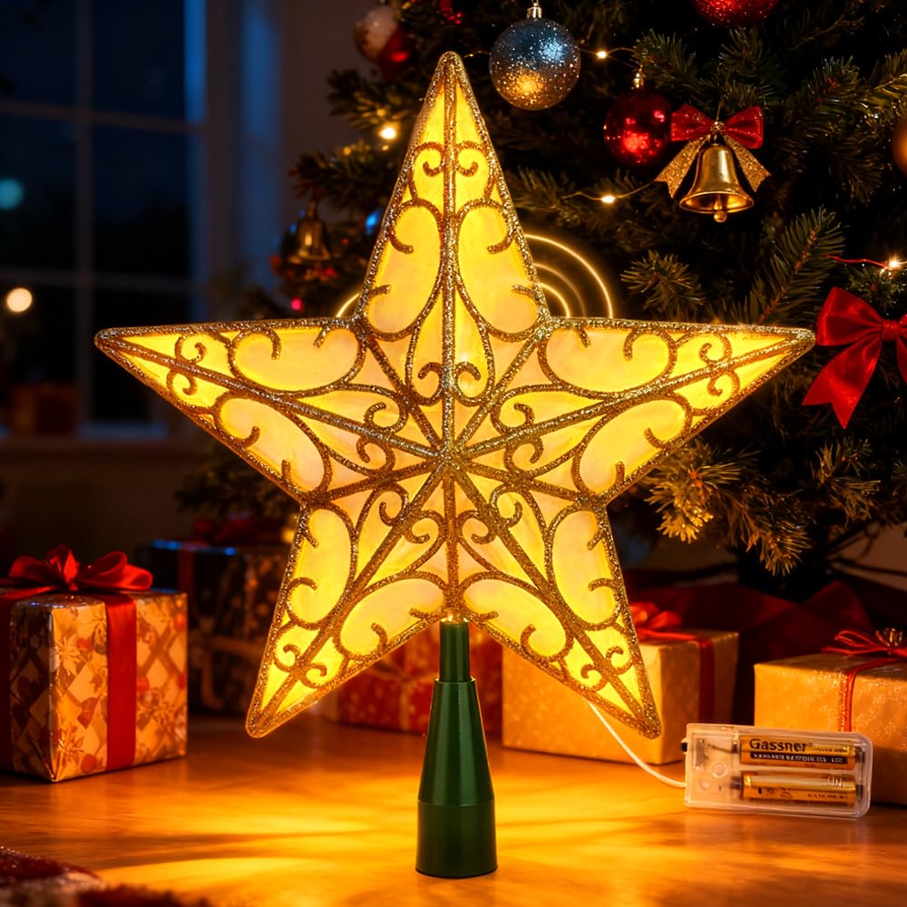 9.5” Gold 3D Dual-Side Christmas Star Tree Topper - Warm White LED Light, Festive Holiday Home Christmas Decor